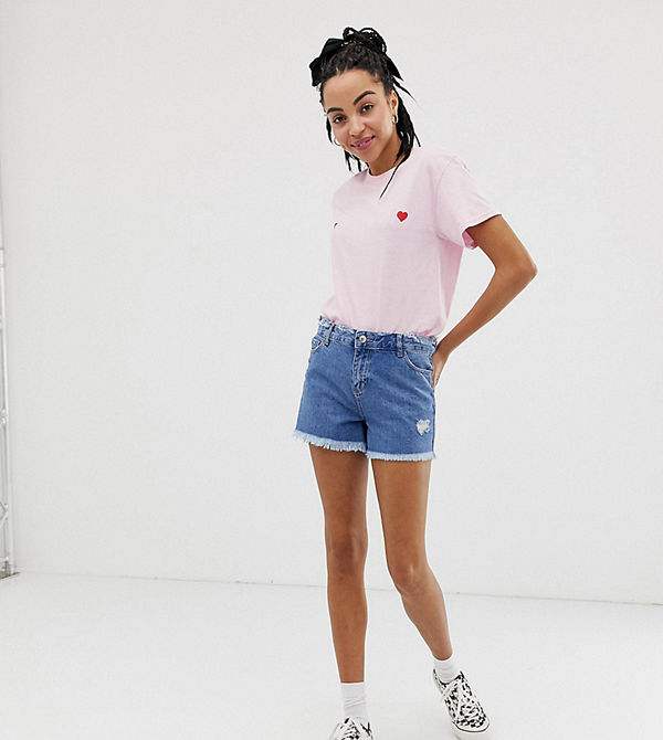 Urban Bliss Jeansshorts med råskuren fåll Mellanblå
