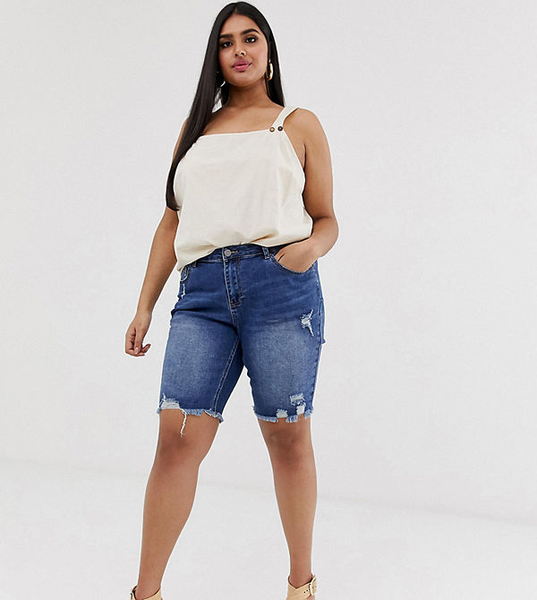 Simply Be Stentvättade jeansshorts i longline-modell med slitna detaljer Mörk stentvätt