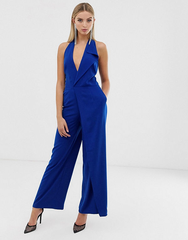 Lavish Alice Jumpsuit med halterneck och oversize-krage Kobaltblå