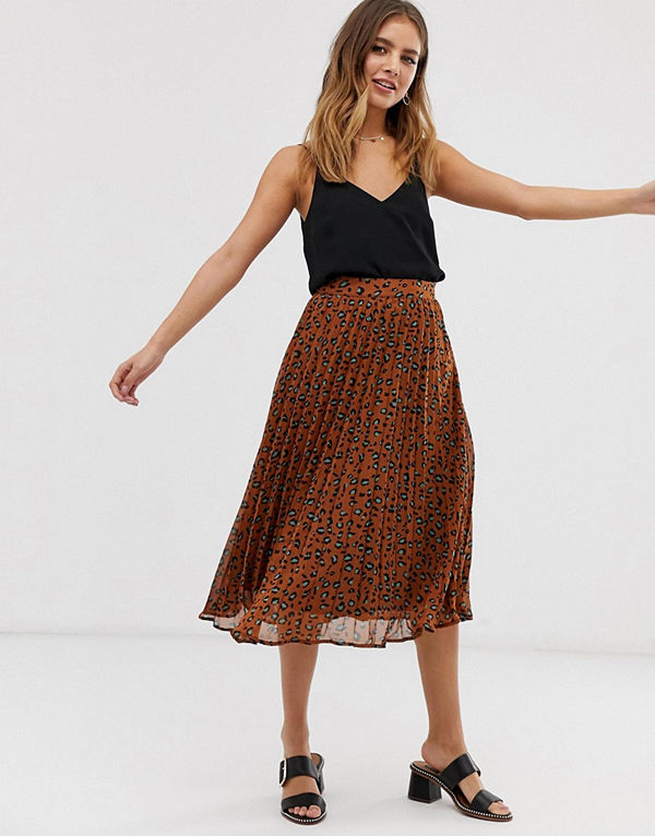 Brave Soul Kele Leopardmönstrad plisserad midikjol Mustard leopard