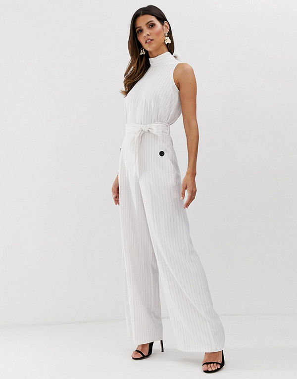 Closet London Gräddvit ärmlös jumpsuit med hög krage och kritstrecksränder