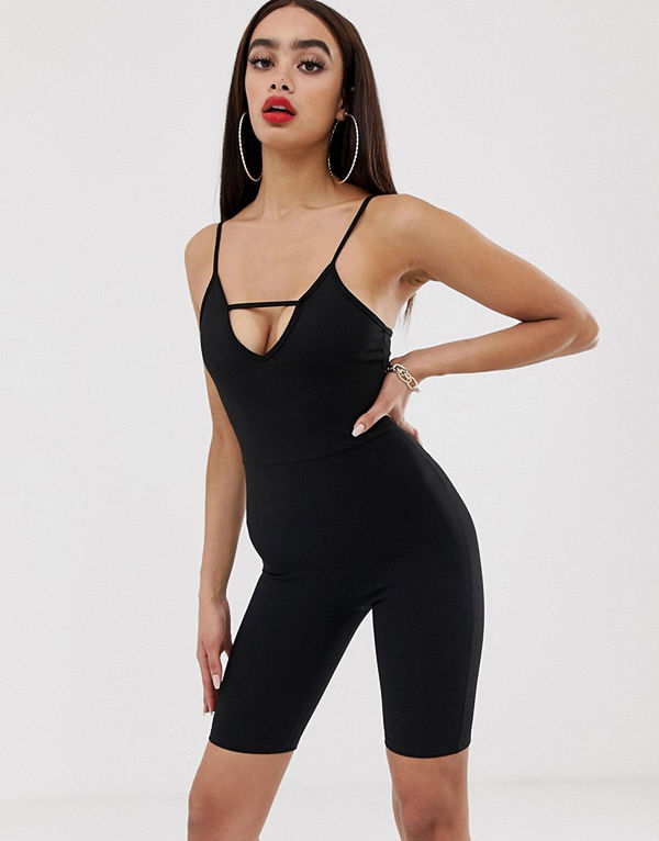 PrettyLittleThing Svart unitard med djup urringning och remdetalj