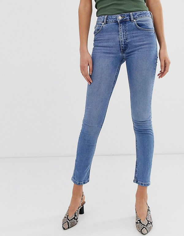 Warehouse Skulpterande skinny jeans med hög midja Ljustvättad denim