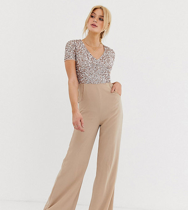 Maya Tall Beigerosa jumpsuit med v-ringning och fina paljetter Mörkbrun rouge