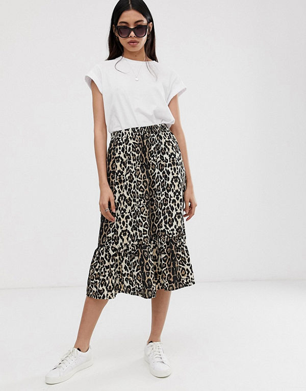 Only Leopardmönstrad midikjol Leopard