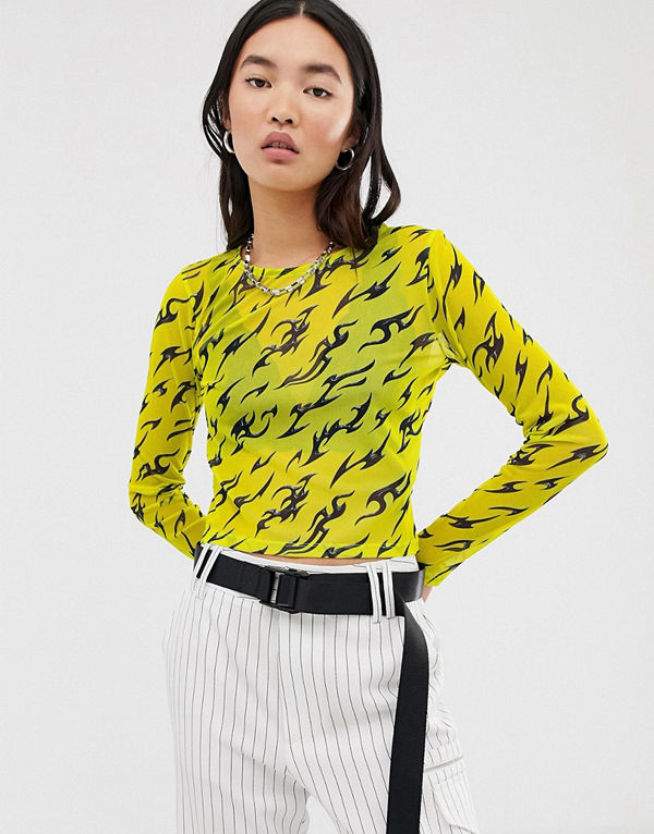 ASOS DESIGN Grön långärmad meshtopp med grafik Ljusgrön