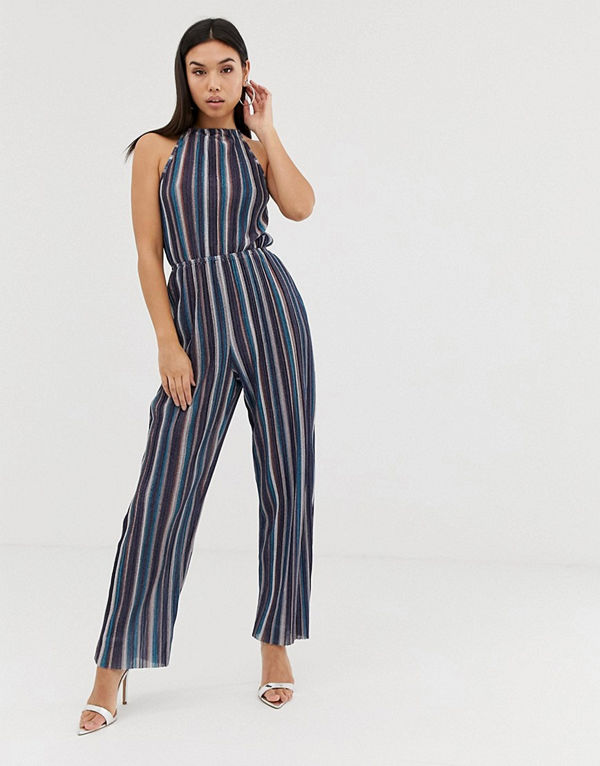 Ax Paris Randig jumpsuit med vida ben och hög krage