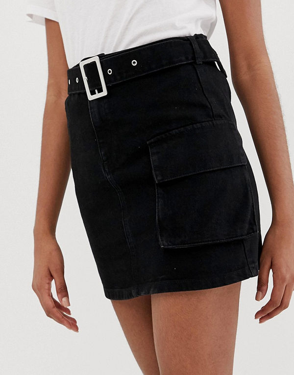 ASOS DESIGN Minikjol av denim med skärp och ficka i arbetsmodell