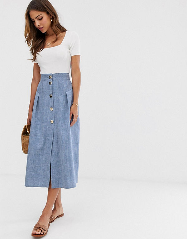 ASOS DESIGN Midikjol i chambray-tyg med guldknappar Chambray-blå