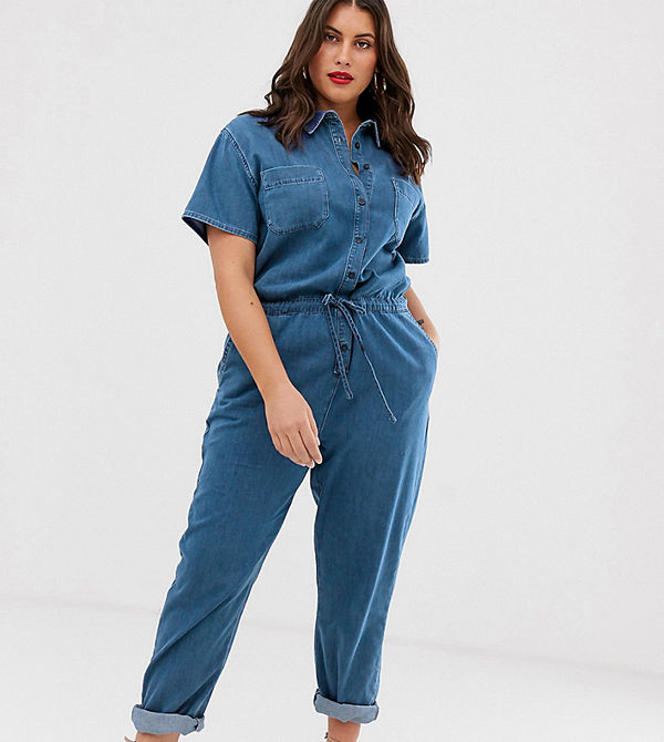 River Island Plus Mellanblå jumpsuit i denim Mid auth