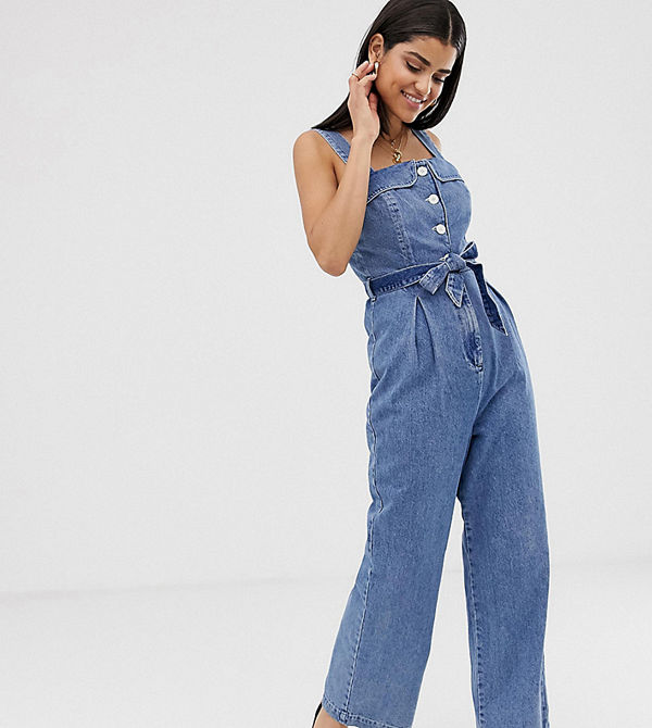 Asos Tall Jumpsuit i denim med fyrkantig halsringning och knappar