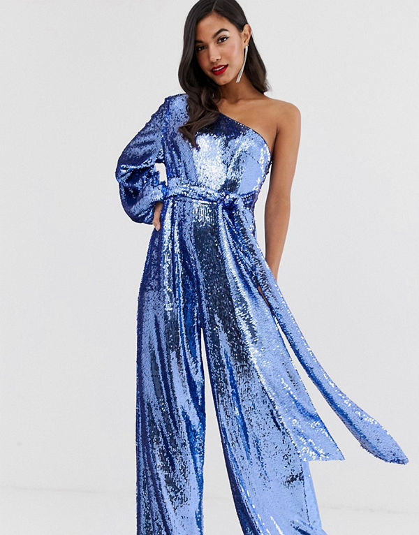 ASOS DESIGN Utsmyckad jumpsuit med en axel och skärp