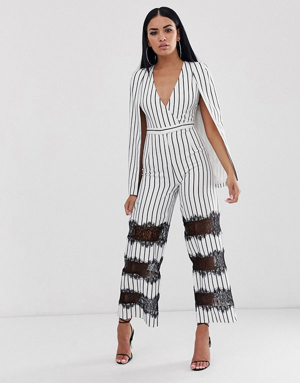 Lavish Alice Jumpsuit med spetspartier och cape Elfenbensvita ränder