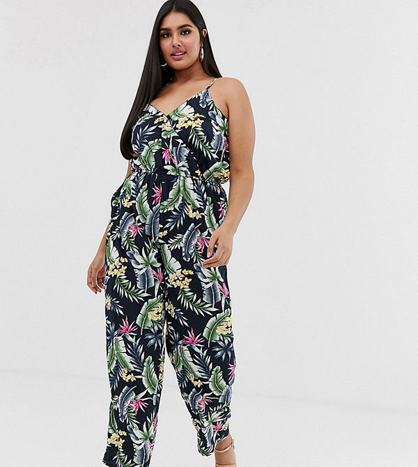 Yumi Plus Tropiskt mönstrad jumpsuit med smala axlar Svart