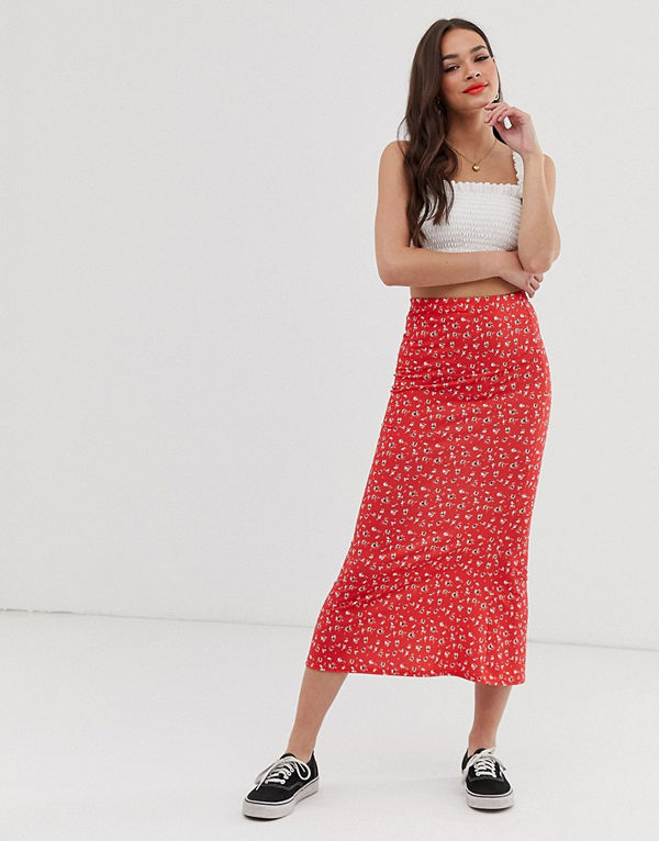 ASOS DESIGN Småblommig underkjol i jersey och midilängd Rött