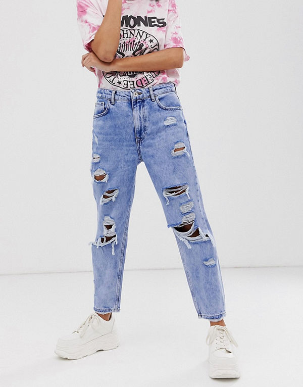 Bershka Blå extremt slitna mom jeans