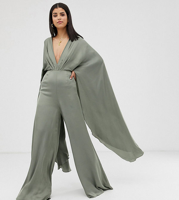 ASOS Edition Tall Jumpsuit i satin med capeärm Salviagrön