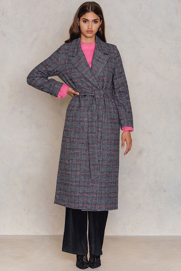 NA-KD Double Breasted Plaid Coat grå