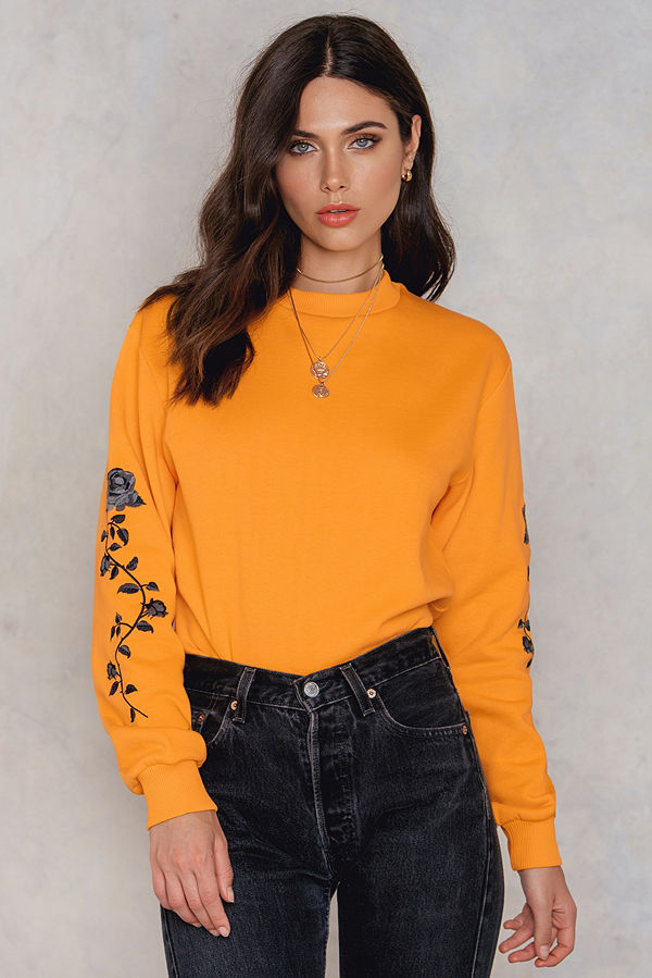 NA-KD Rose Embroidery Sleeve Sweater orange