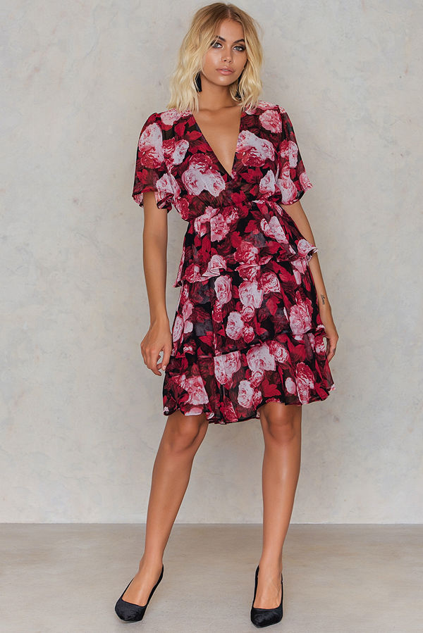 NA-KD Boho Triple Layer Flounce Dress röd