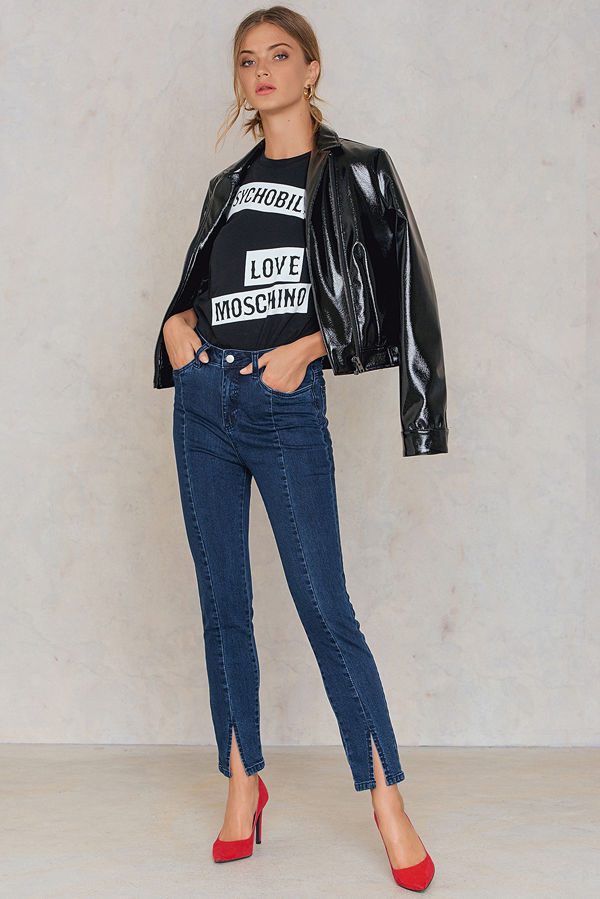 NA-KD Highwaist Skinny Front Slit Jeans blå