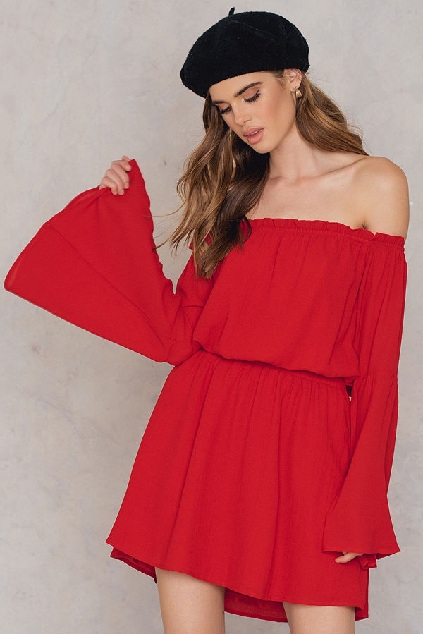NA-KD Boho Wide Sleeve Off Shoulder Dress röd