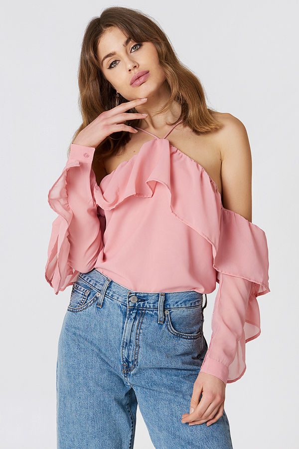 NA-KD Boho A-Neck Frill Sleeve Blouse