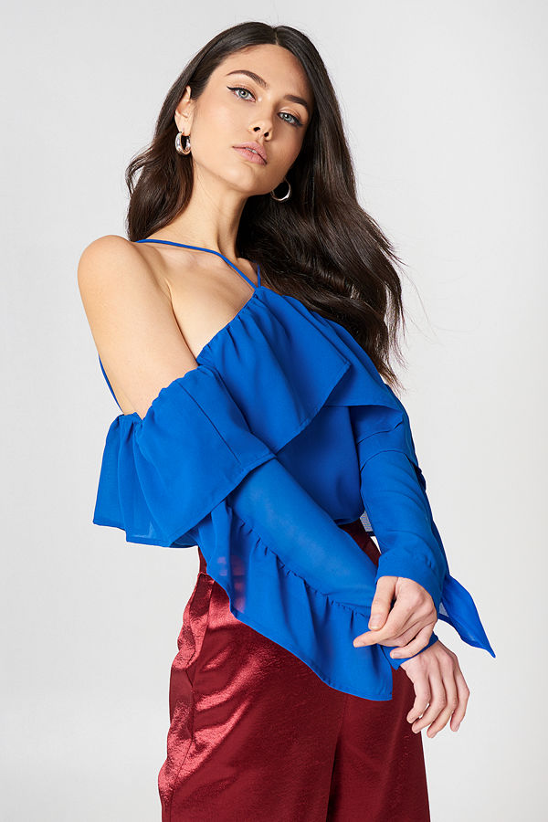 NA-KD Boho A-Neck Frill Sleeve Blouse - Blusar