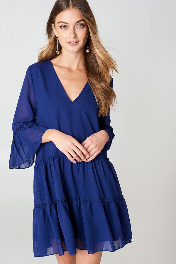 NA-KD Boho V-Neck Ruffle Mini Dress blå