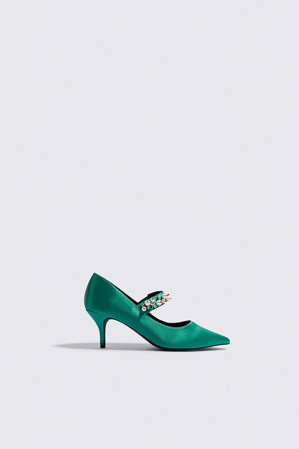 NA-KD Shoes Beaded Strap Satin Pumps grön