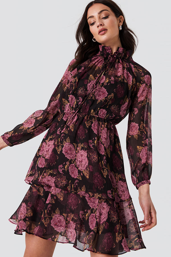 NA-KD Boho High Frill Neck Dress multicolor