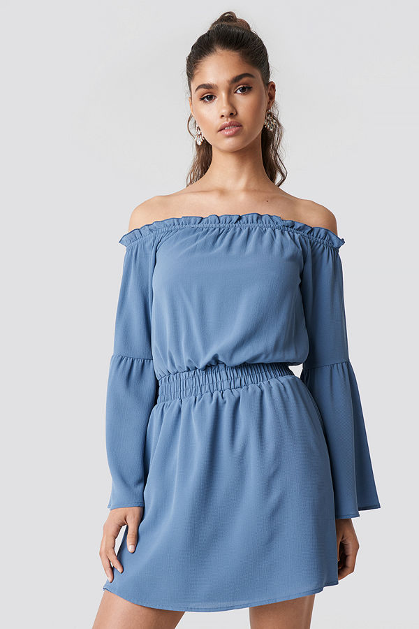 NA-KD Boho Wide Sleeve Off Shoulder Dress blå