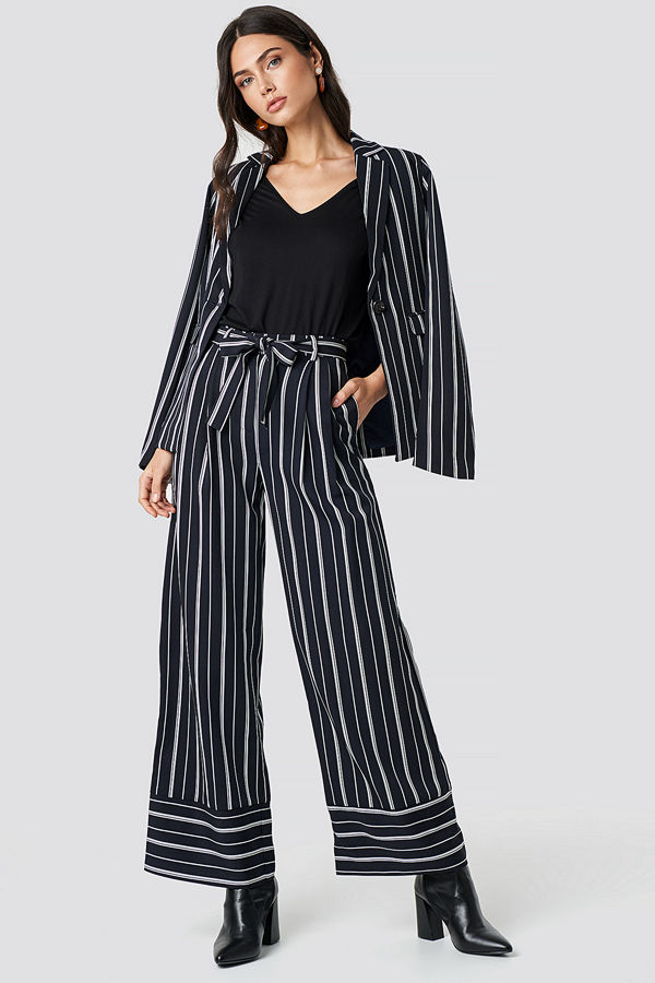NA-KD Classic randiga byxor Tie Waist Striped Wide Pants blå