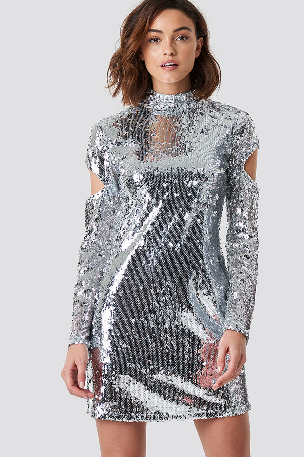 NA-KD Party High Neck Cut Out Sleeve Sequin Dress silver