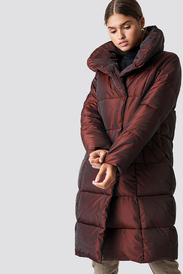 NA-KD Shawl Collar Shiny Padded Jacket brun röd