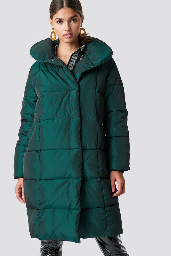 NA-KD Shawl Collar Shiny Padded Jacket grön