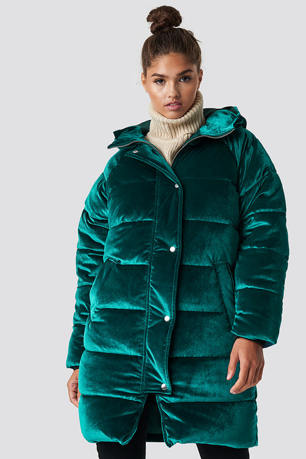 NA-KD Velvet Long Puffer grön