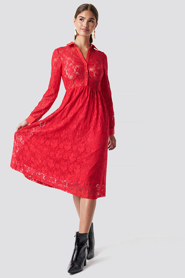 NA-KD Long Sleeve Lace Midi Dress röd