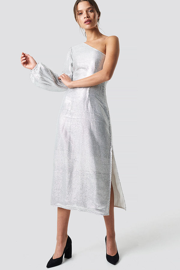NA-KD Party One Shoulder Balloon Sleeve Midi Dress silver
