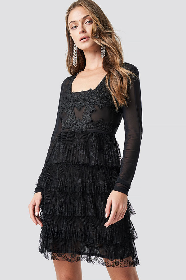NA-KD Party Mesh Sleeve Lace Mini Dress svart