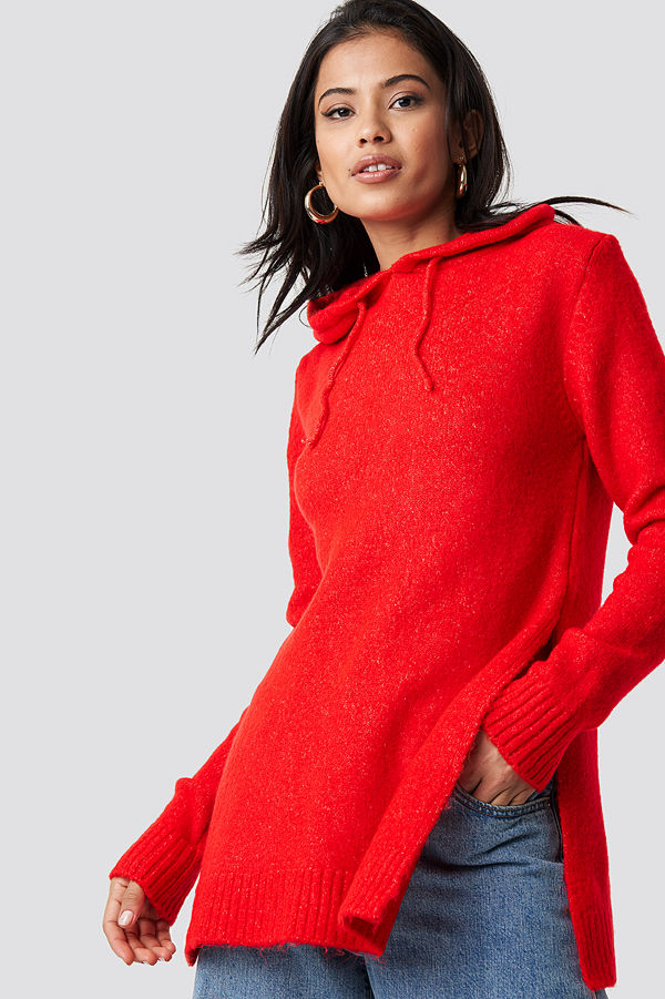 Trendyol Hooded Slit Knitted Sweater röd