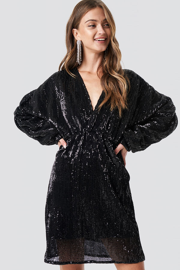 NA-KD Party Balloon Sleeve V-Neck Sequins Dress svart