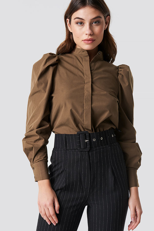 NA-KD Trend Puff Shoulder Cotton-blend Shirt brun