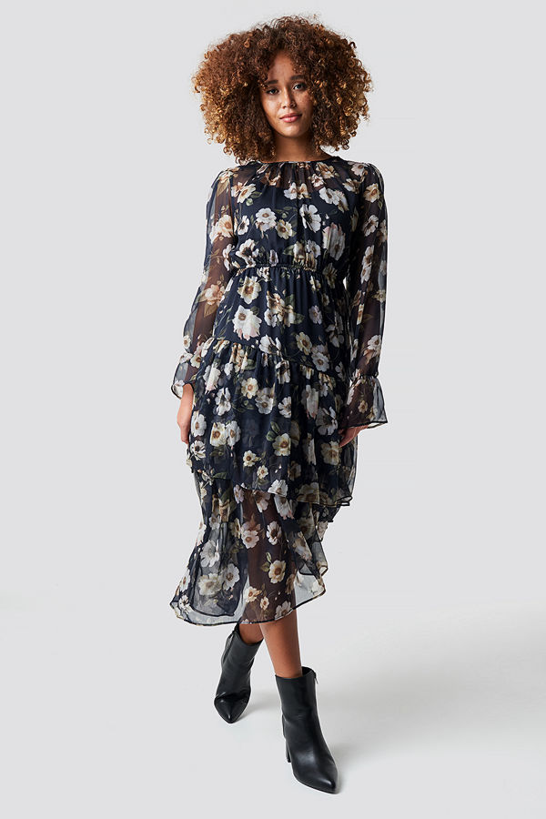 NA-KD Boho Asymmetric Chiffon Frill Dress blå