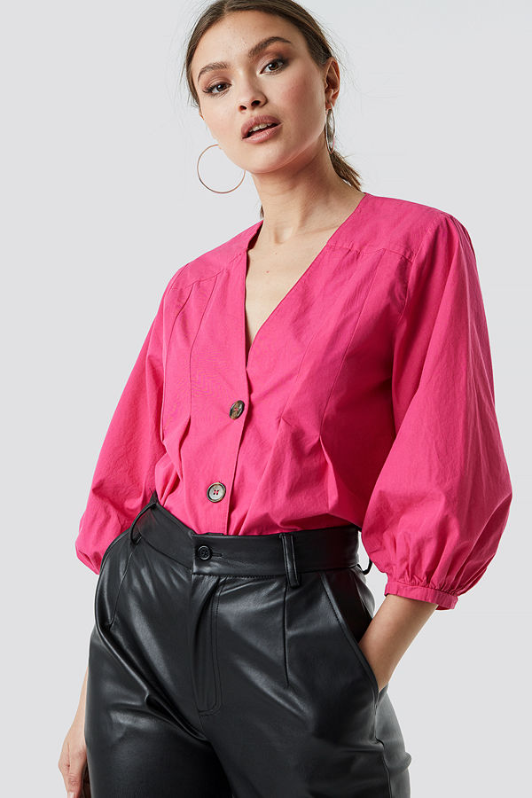 NA-KD Puff Sleeve Button Up Blouse rosa