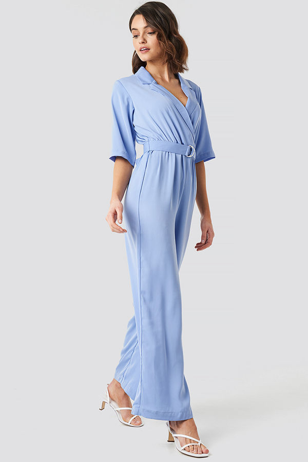 NA-KD Wide Leg Belted Jumpsuit blå