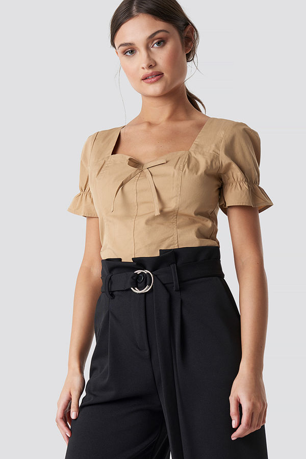 NA-KD Boho Puffy Shoulder Corset Top beige