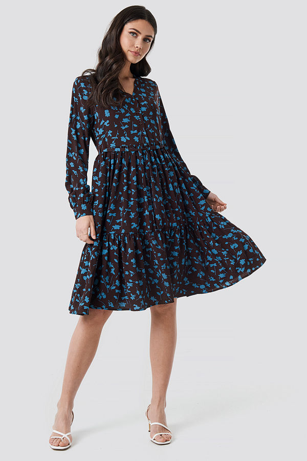 NA-KD Boho V-Neck Printed Ruffle Dress brun