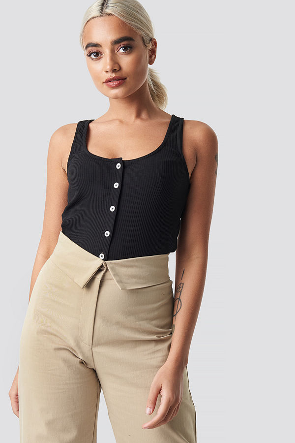 NA-KD Ribbed Cropped Button Top svart