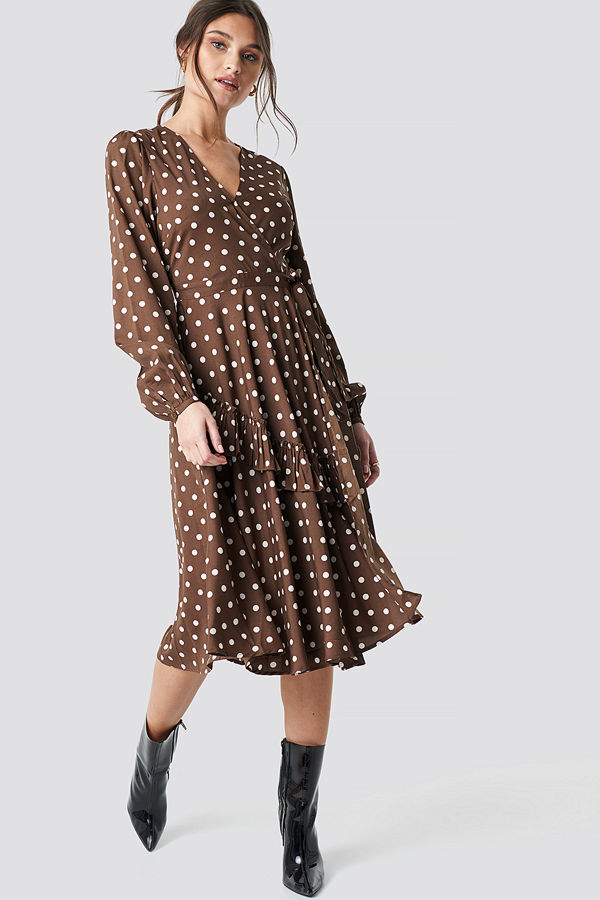 NA-KD Boho Wrapped Dot Midi Dress brun